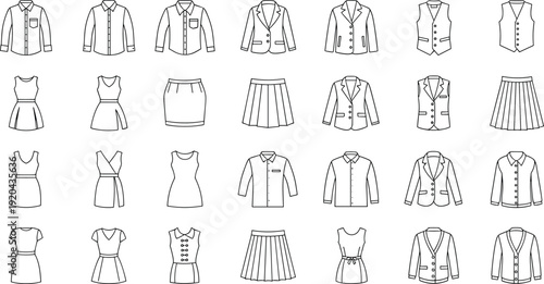 Minimalist Black and White Vector Icon Set Featuring Various Clothing Apparel Outlines Such as Shirts Dresses Skirts Blazers and Vests