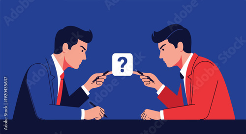 Two businessmen in suits facing each other with pens, pointing at a question mark symbol, representing debate or conflict