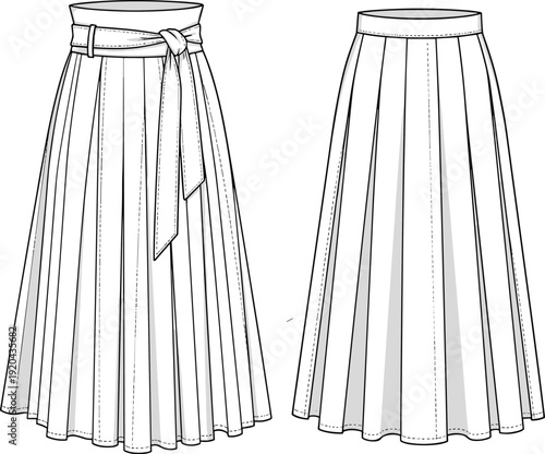 Technical Flat Sketch Vector Illustration of a Women High Waisted Pleated Midi Skirt Featuring a Self Tie Belt and Template