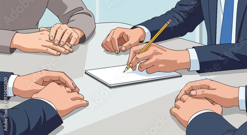 Business meeting with diverse people discussing plans and signing documents at a table, teamwork concept.