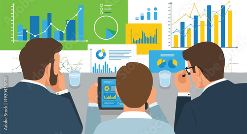 Business team analyzing financial charts and graphs on digital tablet and screens, data visualization and strategy planning