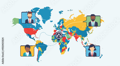 Global Business Connections: Diverse Team Collaborating Remotely Across Continents via Digital Screens