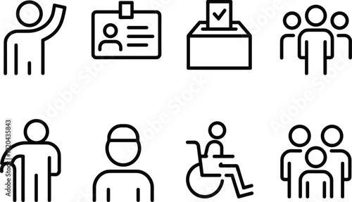Voting participation icons, civic engagement symbols, voter ID, ballot box, accessibility, community inclusion, senior citizens, workers, disabled voters, diverse electorate, democracy, rights