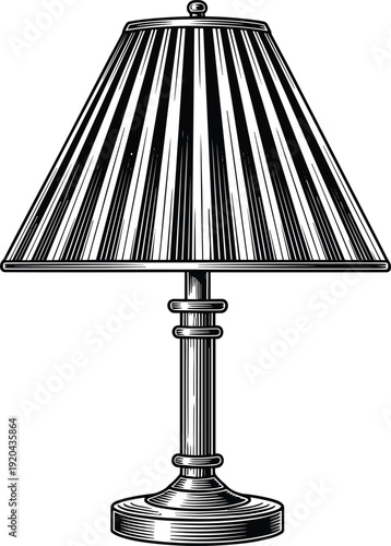 Classic table lamp engraving illustration, vintage bedside light fixture black and white detailed hand drawn vector artwork