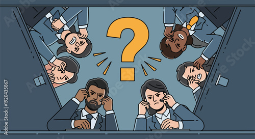 Diverse group of business people looking confused and frustrated around a table with a large question mark above them.