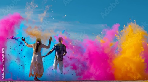 A young Indian man and a young Indian woman celebrate Holi, throwing colorful powders in the air. Bright pink, yellow, and blue clouds of color fill the sky.