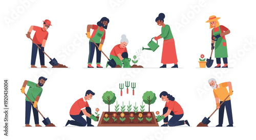 Diverse group of people gardening including planting watering and digging depicted in a flat vector silhouette high quality professional detailed modern