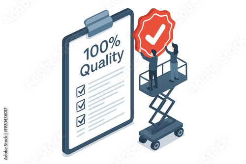 A vector graphic of a clipboard with a quality checklist and a worker on a scissor lift with a checkmark seal