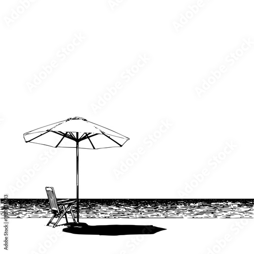 A serene beach scene featuring an umbrella and a chair near the water line in black and white drawing