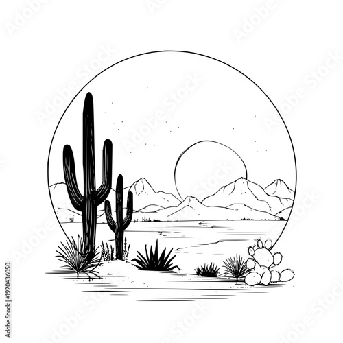 Illustration of a desert landscape with cacti mountains and a sun inside of a circle frame design