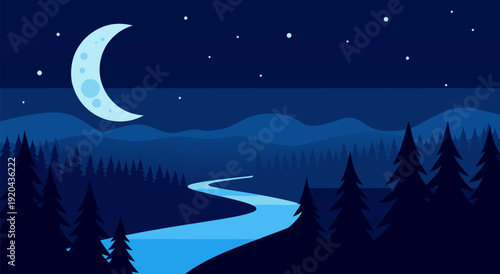 Tranquil Nighttime River Landscape with Forest, Mountains, and Starry Sky - Vector Illustration