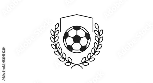 Stylized Soccer Ball in Shield and Laurel Wreath Emblem, Football Team Award Icon, isolated white background.