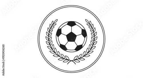 Soccer Football Ball in Circular Laurel Wreath within Circle, isolated white background