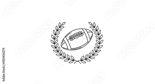 Classic American Football in Laurel Wreath Line Art, Sport Award and Excellence Emblem, isolated white background.