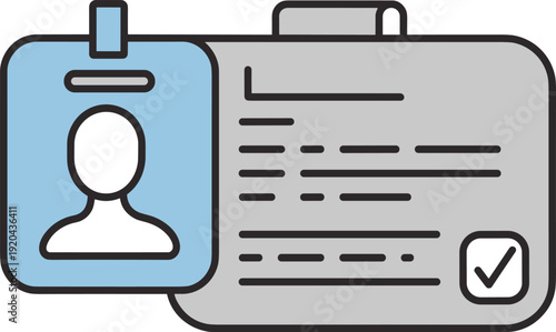 Identification badge icon, completed form illustration, user profile vector, registration document, personal ID card, verification symbol, approved checklist