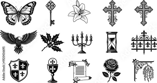 Gothic vintage icon set with butterfly key cross eagle rose candelabra heraldic symbols black and white vector illustration