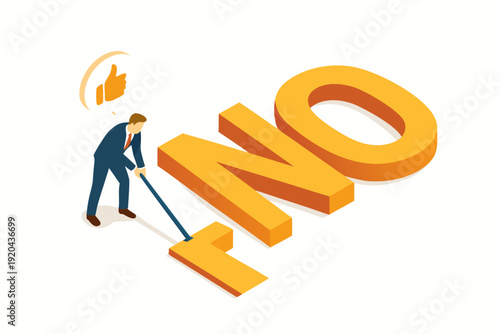 A vector graphic illustration of a man rejecting something with a large NO sign