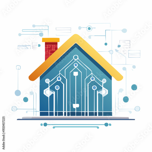 Smart Home Technology Concept - House Integrated with Circuit Board Design