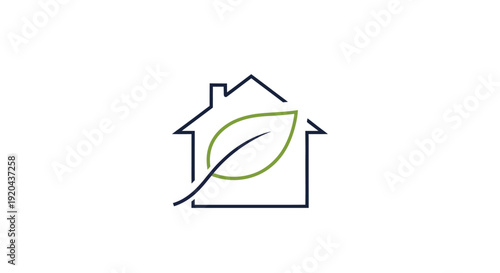 Eco-Friendly House Outline with Green Leaf Icon, representing sustainable home living, isolated white background
