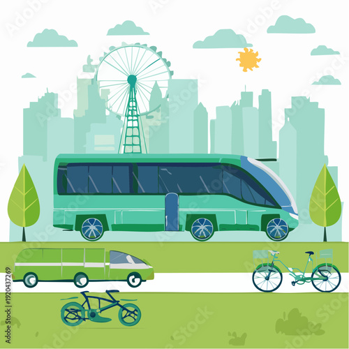 Green city landscape with electric bus, car, and bicycles promoting eco-friendly urban mobility for a sustainable future