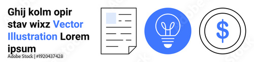 Business strategy, financial planning, creativity, innovation, document management, economic concepts. Document, light bulb and dollar sign icons in modern style. Business strategy and financial