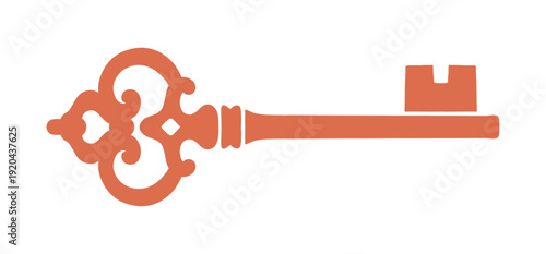 Valentine's Vintage Ornate Key Linocut silhouette. Antique decorative key illustration for romantic invitations, wedding decor, lovers day, and retro crafts