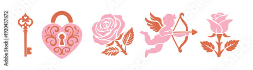 Vintage Linocut elements Valentine's set. Whimsical key, ornate heart lock, blooming roses, and cupid with bow for Romantic cards, wedding invitations, templates, and love themed art