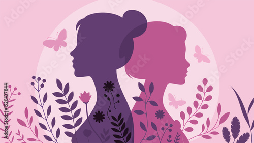 Purple and Pink Silhouettes of Two Women with Floral Patterns and Butterflies
