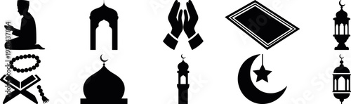 Ramadan Prayer Icon Set Muslim Worship Symbols Silhouette Collection, Islamic Prayer Pose Mosque Lantern Crescent Moon Religious Icon Pack, Ramadan Kareem Worship Symbol Collection Muslim Prayer 