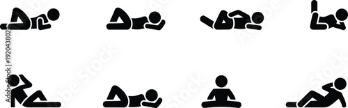 Exercise silhouette icons, yoga pose illustration, physical therapy vector, fitness activity design, stretching movement symbol, workout routine graphic, healthy lifestyle concept, body posture art