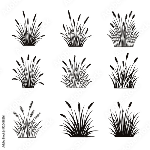 Collection of various cattail and grass silhouettes