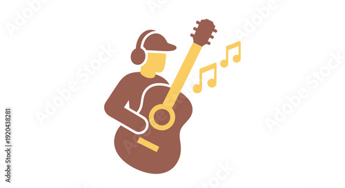 Creative flat design icon featuring a guitarist playing music while listening through headphones