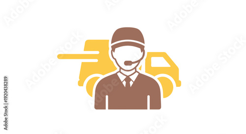 Delivery driver with headset and truck icon for logistics and transport services