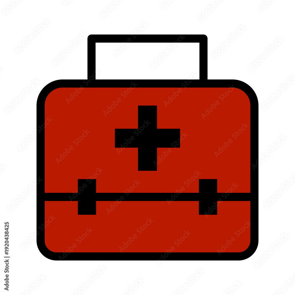 Obraz premium Red first aid kit icon with a black cross symbol, Emergency medical bag illustration, Healthcare and life-saving equipment, Doctor's briefcase for medical supplies, for safety and first aid concept