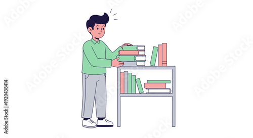 Young Man Arranging and Organizing a Collection of Books on a Home Bookshelf for Education