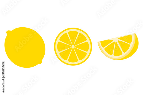 Fresh yellow lemon icon set including whole fruit, round slice, and wedge. Zesty citrus illustration for food and beverage design, Organic sour fruit symbol, for kitchen and juice branding