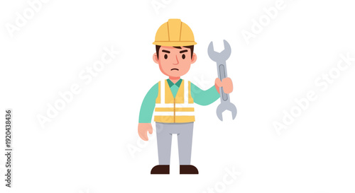 Construction Worker Holding a Wrench, Wearing Hard Hat and Vest