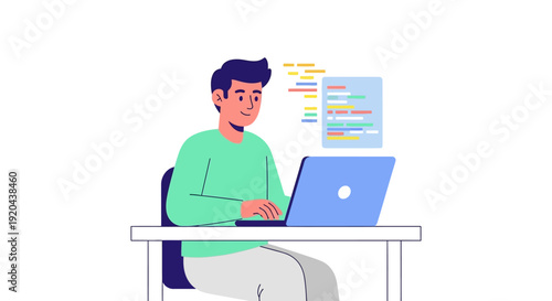 Man coding on a laptop with colorful lines of code on screen - vector illustration