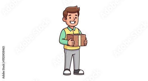 Cartoon delivery man holding a package, happy man with a gift box, illustration