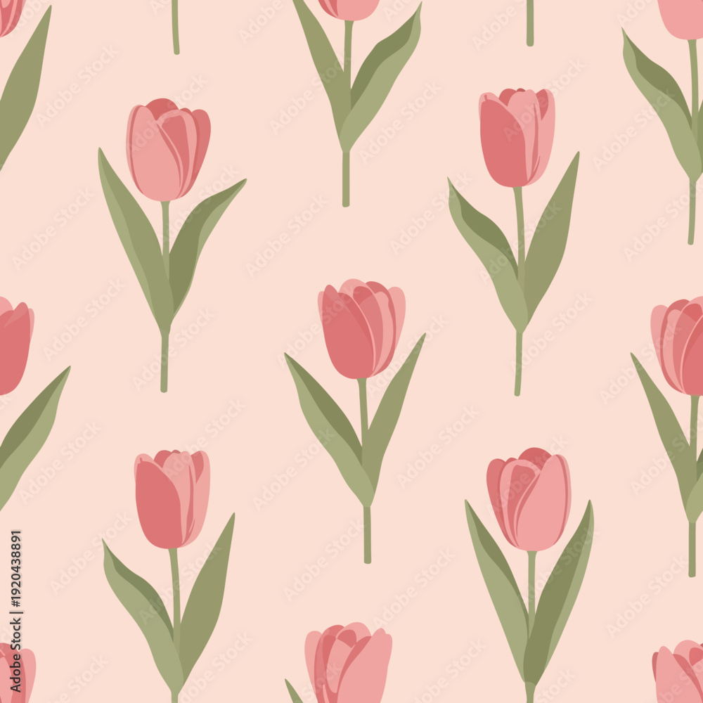 Obraz premium Seamless Pattern of Pink Tulips on Light Background.