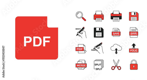 PDF Document Management Icons Set for Digital Workflow