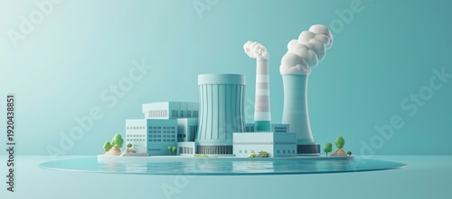 Minimalist cartoon isometric nuclear power plant illustration