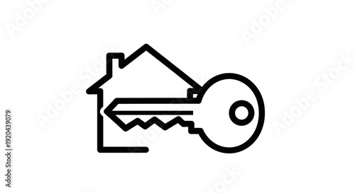 House outline with key inside, symbolizing home ownership and security on isolated white background