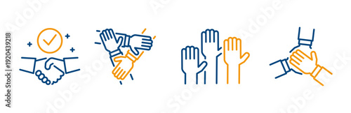 Teamwork icons, set icon of team hands together, three hands supporting each other, team cooperation, handshake, line vector with editable stroke
