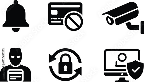 Cybersecurity icons, digital security symbols, hacker prevention, secure login, data encryption, surveillance monitoring, blocked transaction, identity theft protection, alert notification