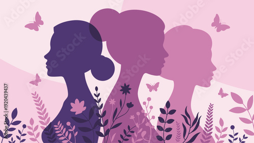 Diverse Women Silhouettes with Floral Patterns on Pink Background