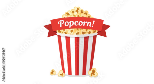 A colorful illustration depicts a red and white striped popcorn container with scattered kernels a cheerful silhouette high quality professional detailed
