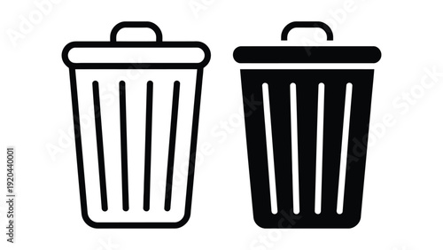 Minimal trash bin and garbage can icon set waste management recycle concept clean outline and solid symbol illustration isolated