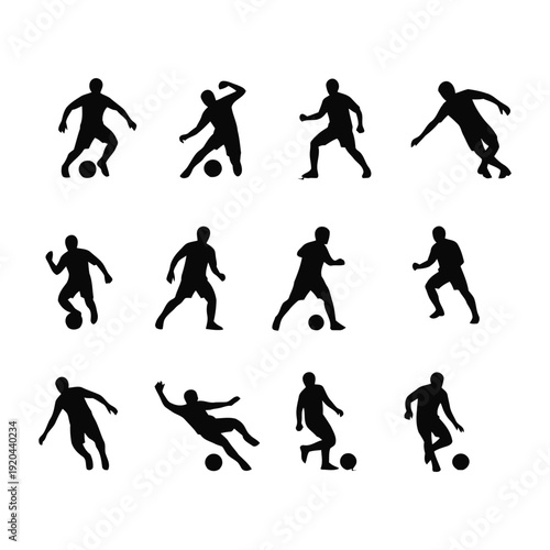 Collection of black silhouettes of soccer players in various poses kicking ball