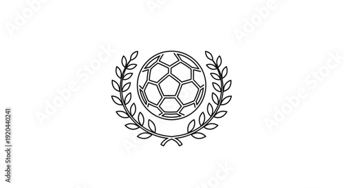 Outline soccer ball inside minimalist laurel wreath on isolated white background